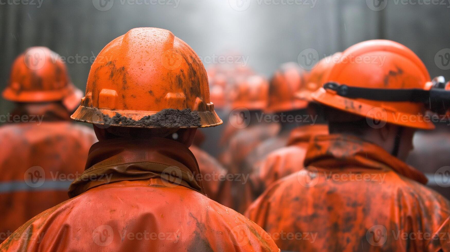Group of workers in orange hard hats and rain-soaked gear image. Hazardous work hardhats photography scene realistic. Resilience in tough working condition concept photorealistic photo