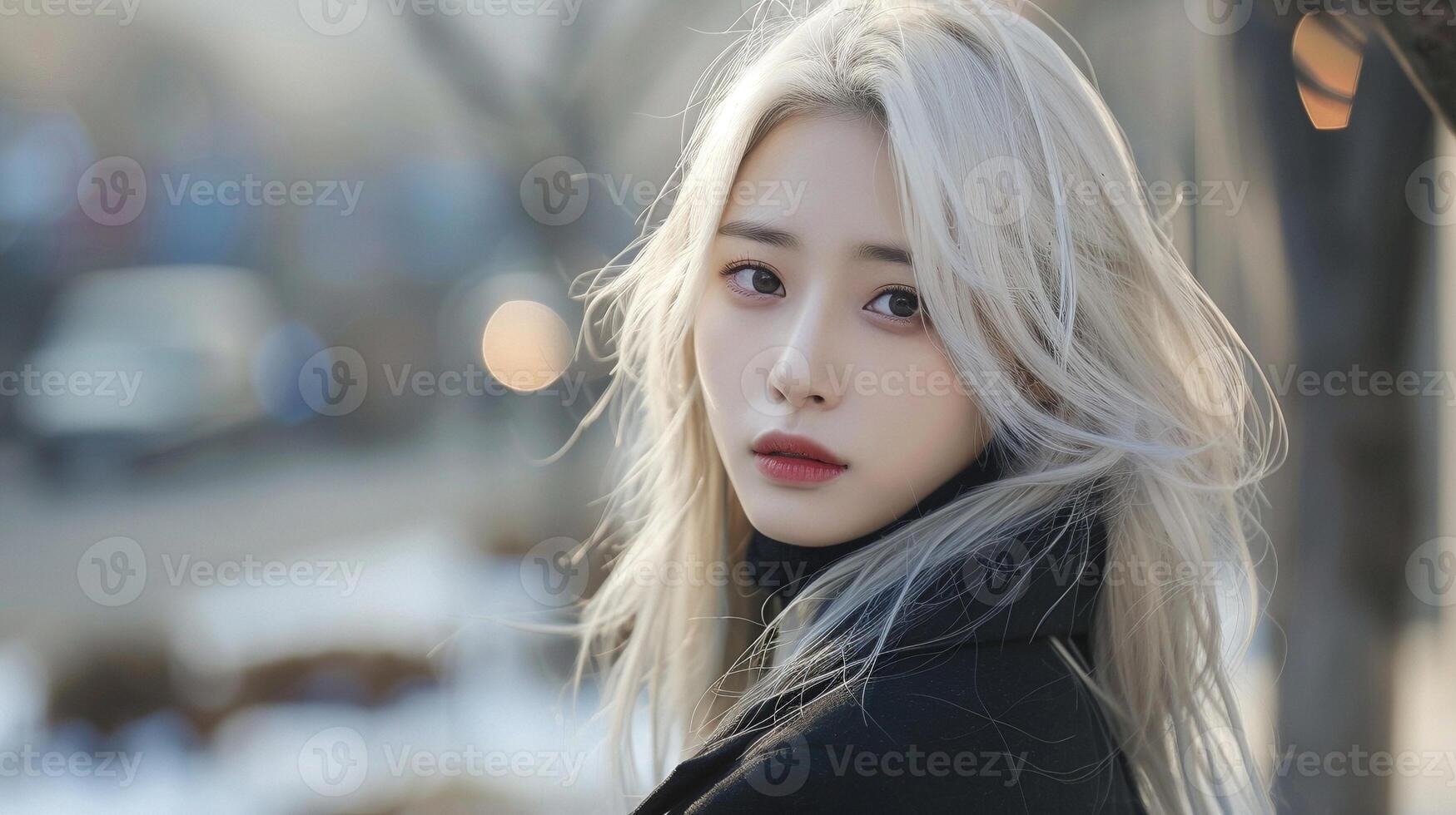 Korean woman with platinum blonde hair in winter cityscape portrait image. Asian female tousled hair, stylish coat picture photorealistic. Fashion model concept photo realistic