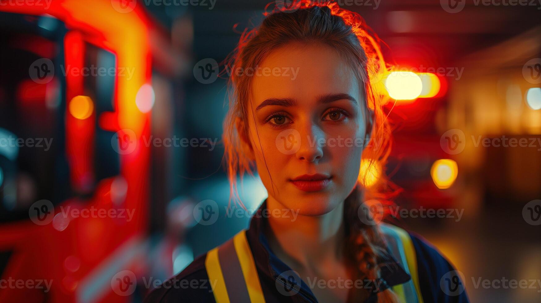 Determined young female firefighter in dramatic lighting portrait image. Courageous firewoman fire fighter picture photorealistic photography. Emergency responder concept photo realistic
