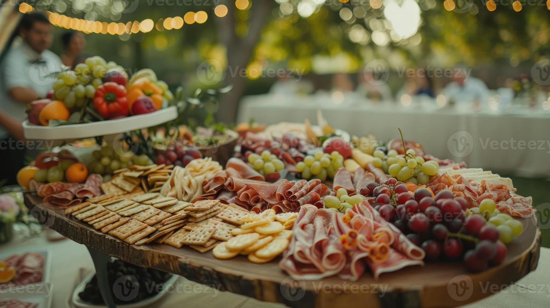 Delicatessen meat and crackers served on rustic board image. Delicious organic snacks for banquet guests photography scene realistic. Antipasto concept photorealistic photo