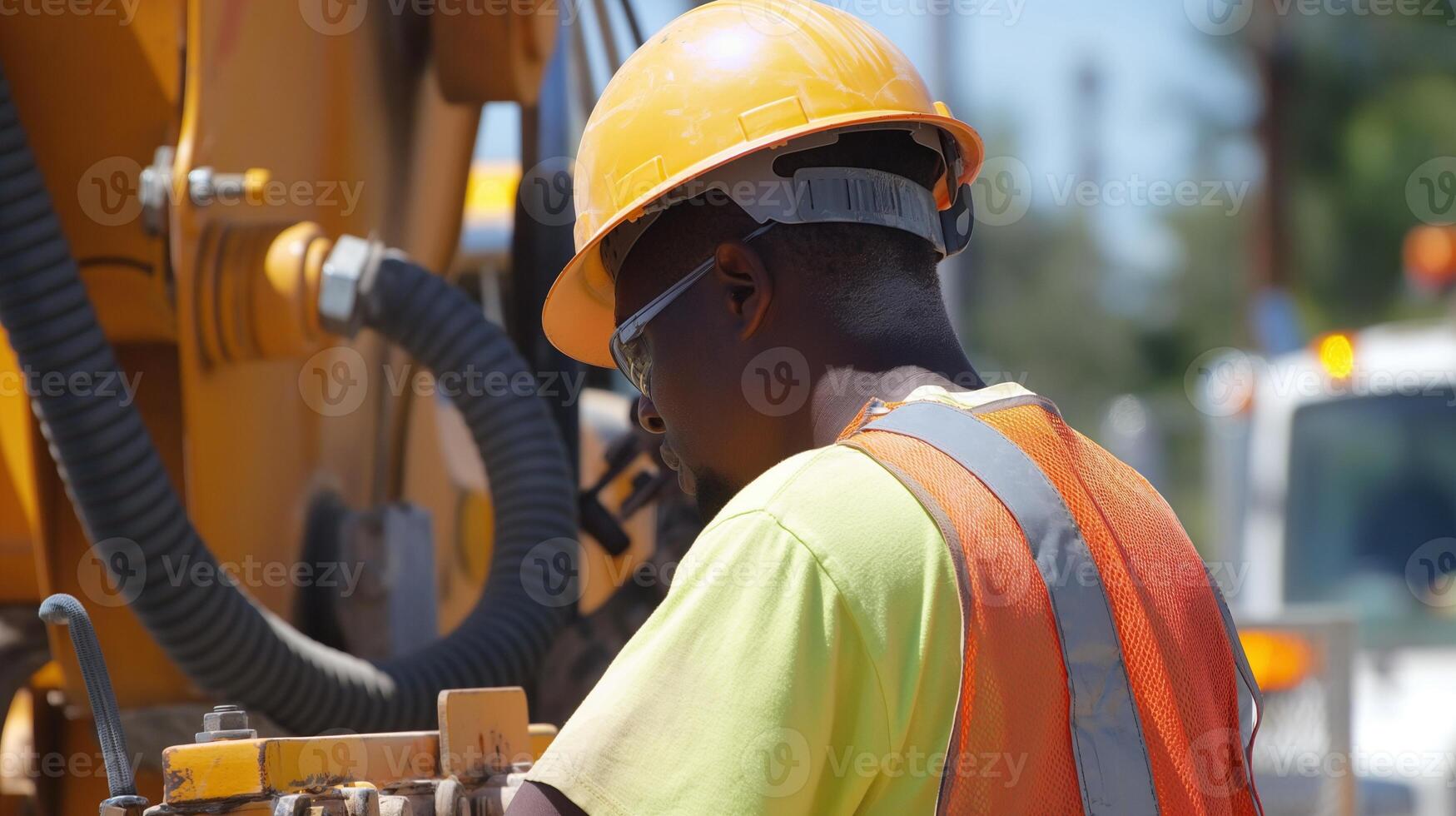 Construction worker in yellow hardhat operating machinery image. Black man in reflective vest, safety glasses photography scene realistic. Labor occupation concept photorealistic photo
