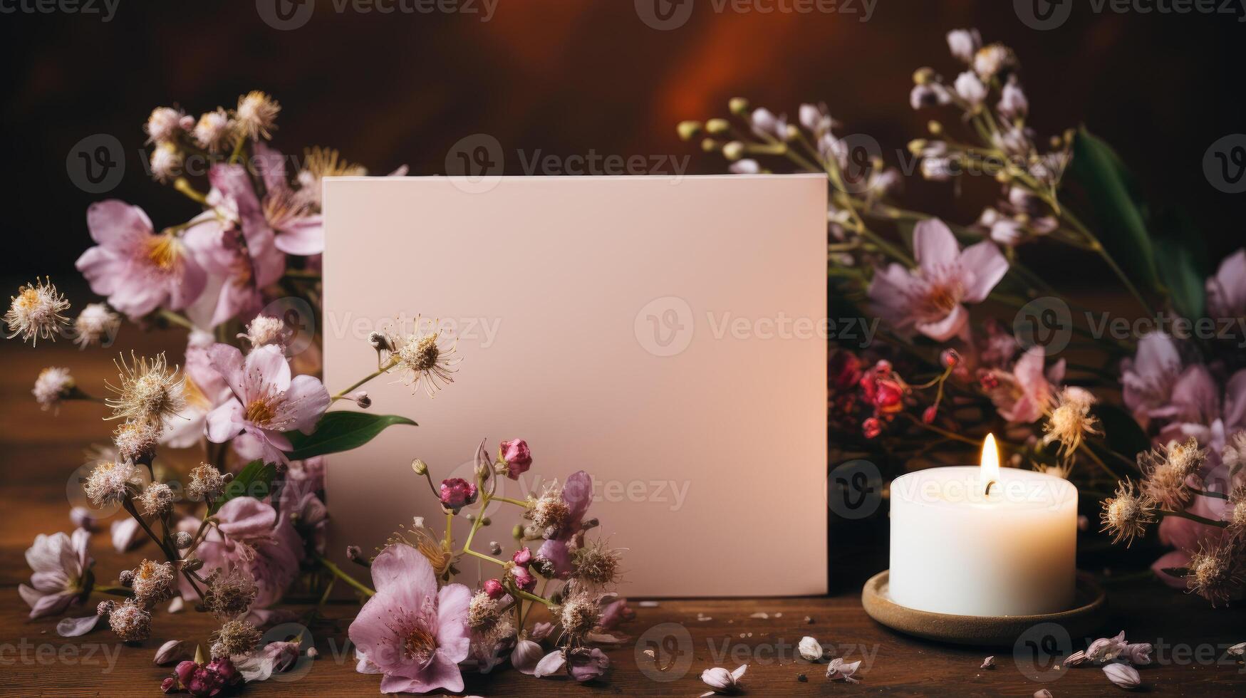 Blank greeting card with flowers and burning candle banner background copy space. Festive greeting image backdrop empty. Spring holiday concept composition front view, copyspace photo