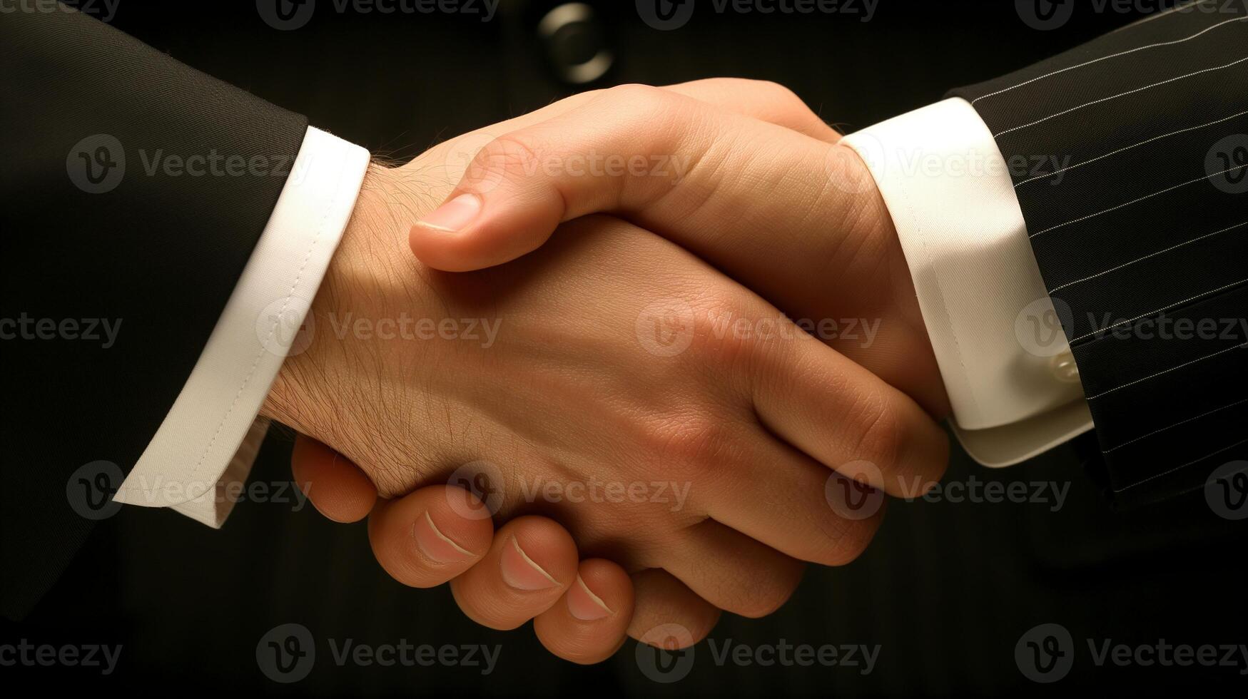 Professional handshake in dim lighting closeup image. Business negotiations, mutual respect. Two caucasian businessmen in suits hands close up photography. B2B concept photo realistic