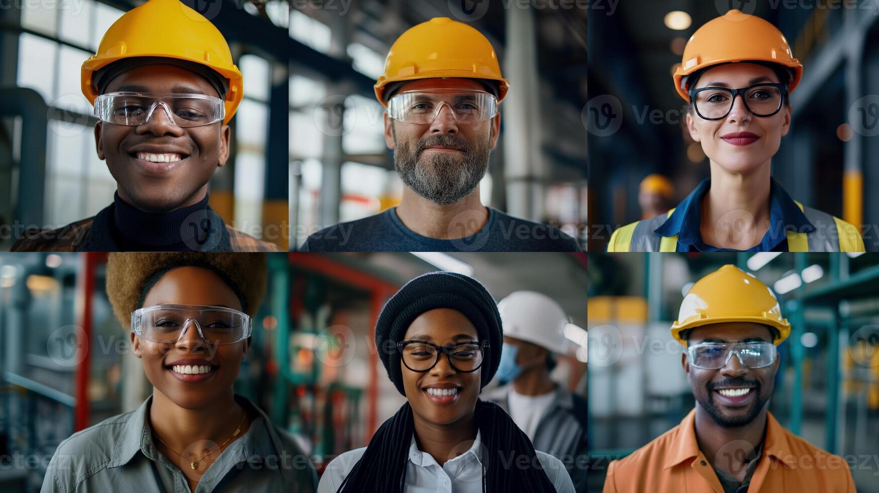 Smiling industrial workers in hard hats and safety glasses portraits image set. Manufacturing industry pictures collection. Diversity and professionalism concept photo collage realistic