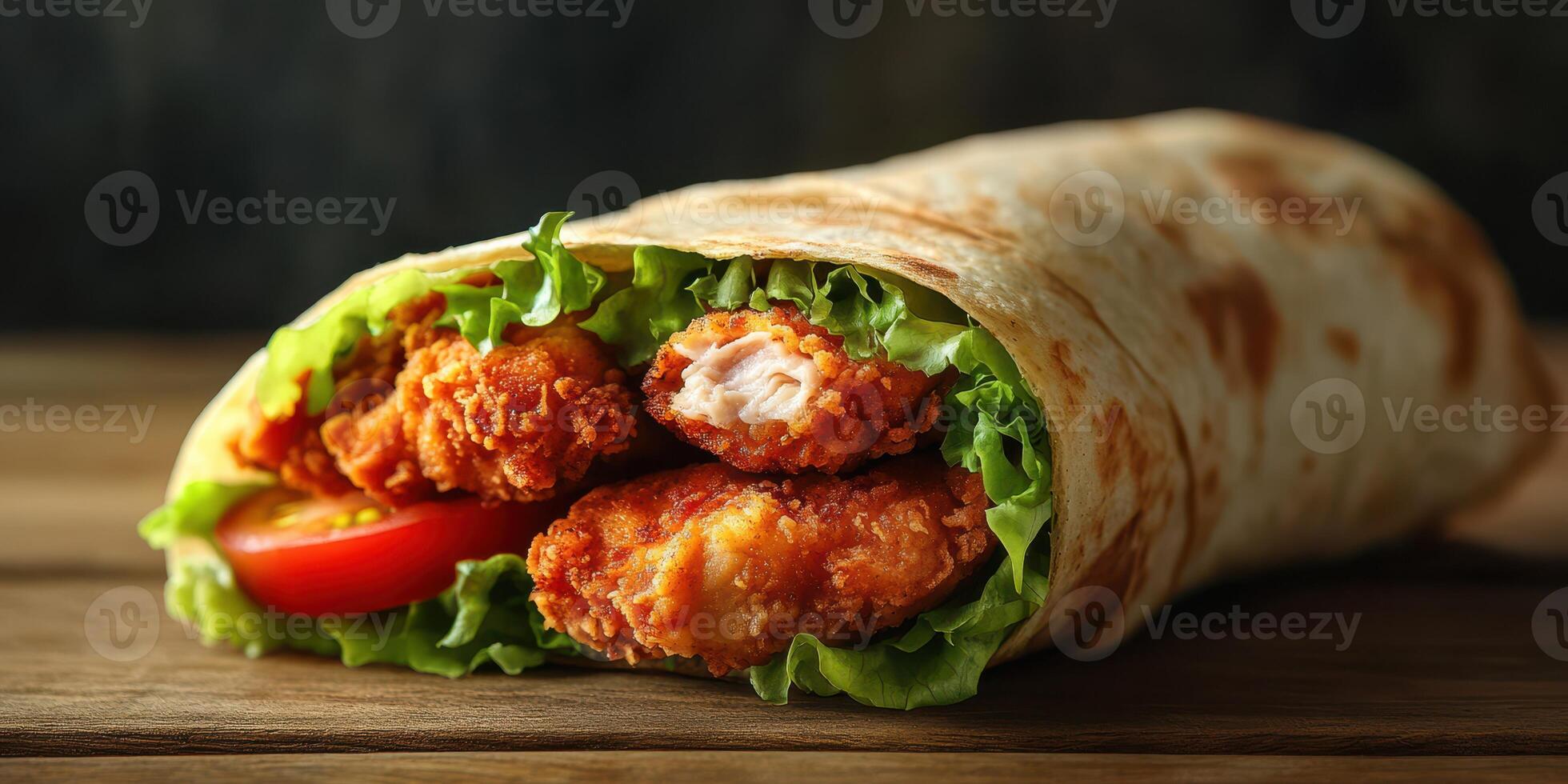 Crispy fried chicken wrapped in a fresh tortilla with lettuce and tomatoes on a rustic wooden table photo