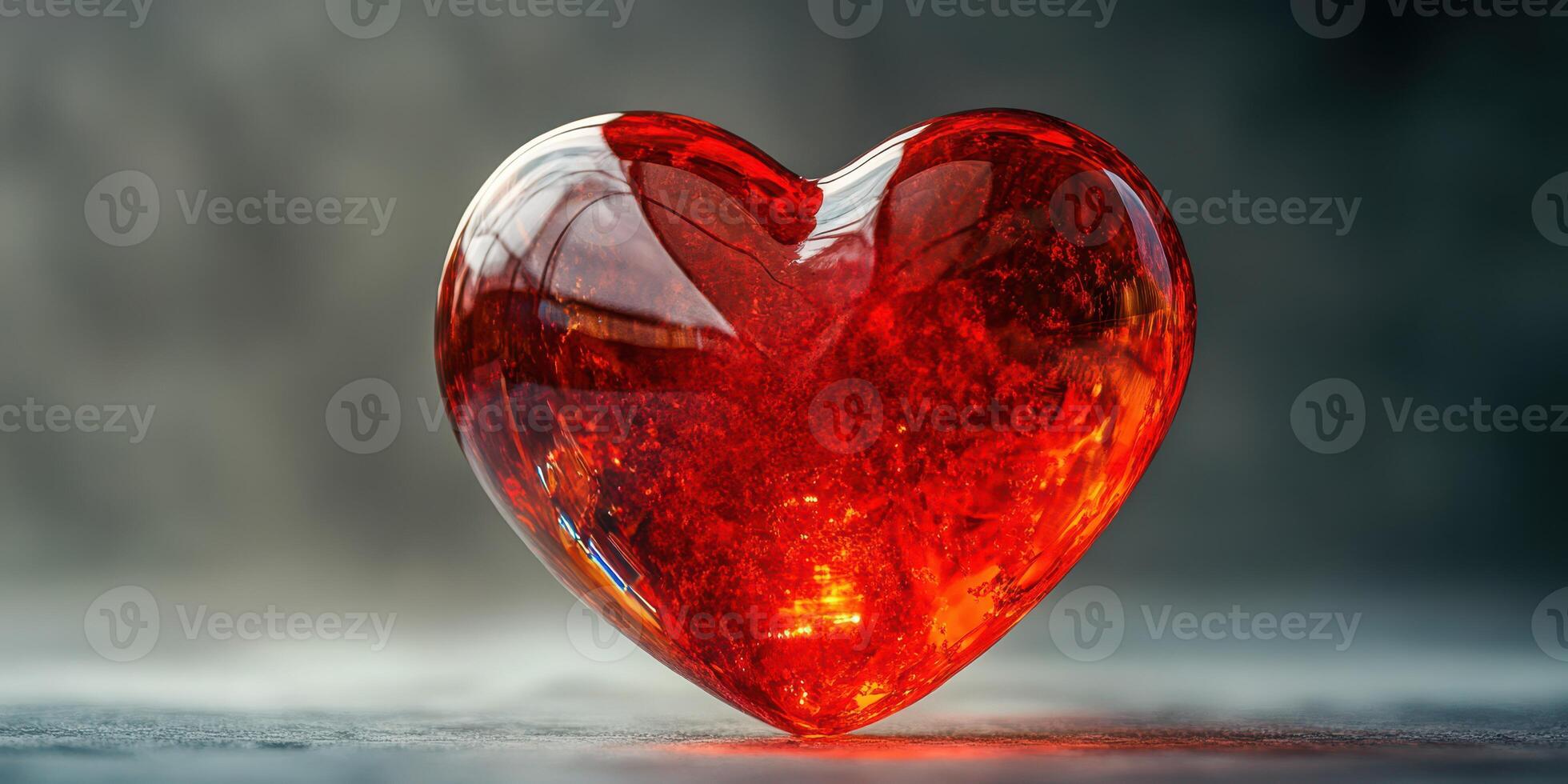 Red heart shaped crystal resting on a surface with a soft glow in the background during evening light photo