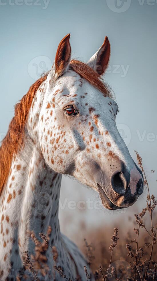 Beautiful spotted horse stands gracefully in a field during golden hour near sunset photo