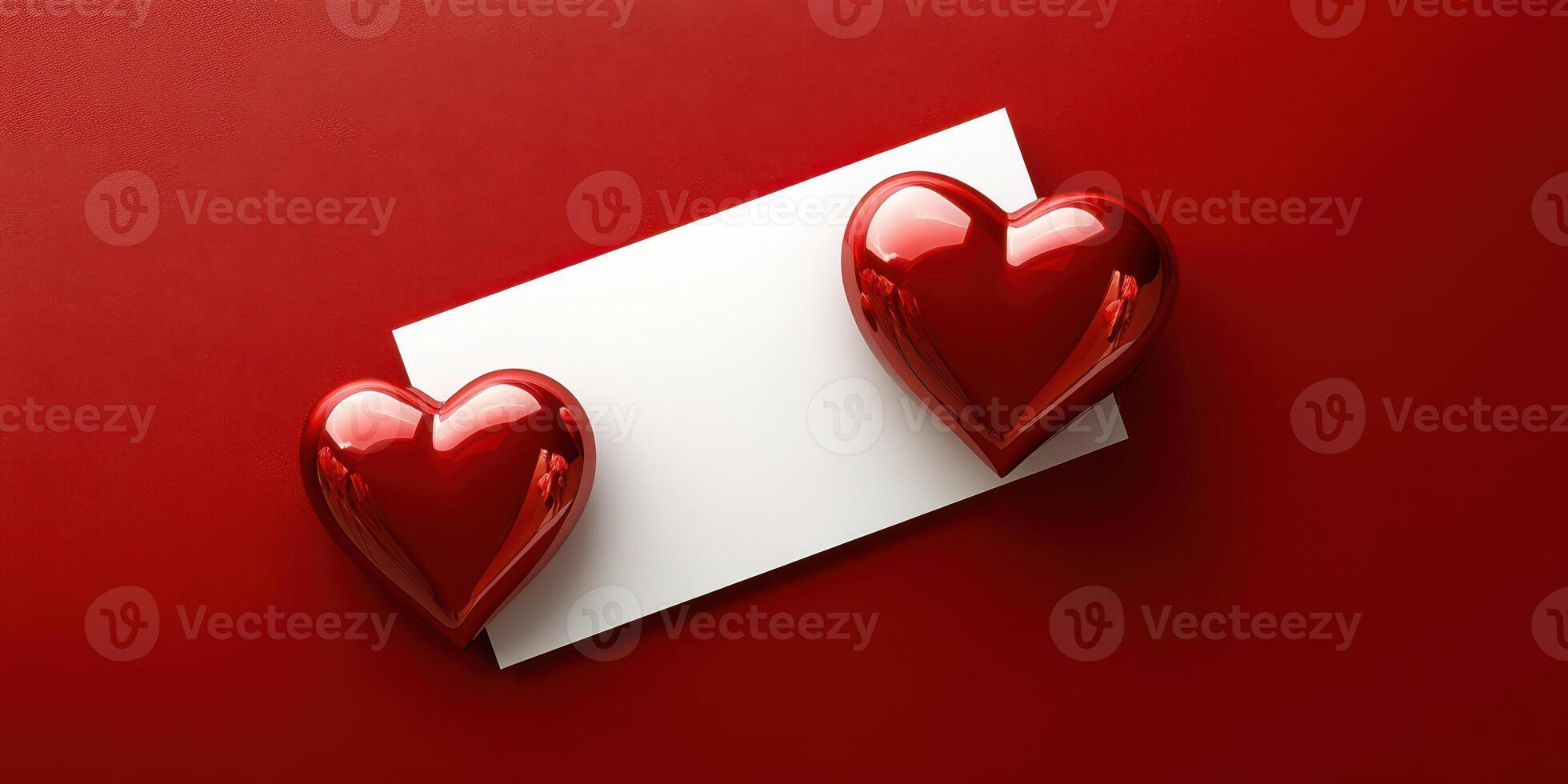 Two red hearts and a blank card on a solid red background create a romantic setting ideal for expressing affection photo