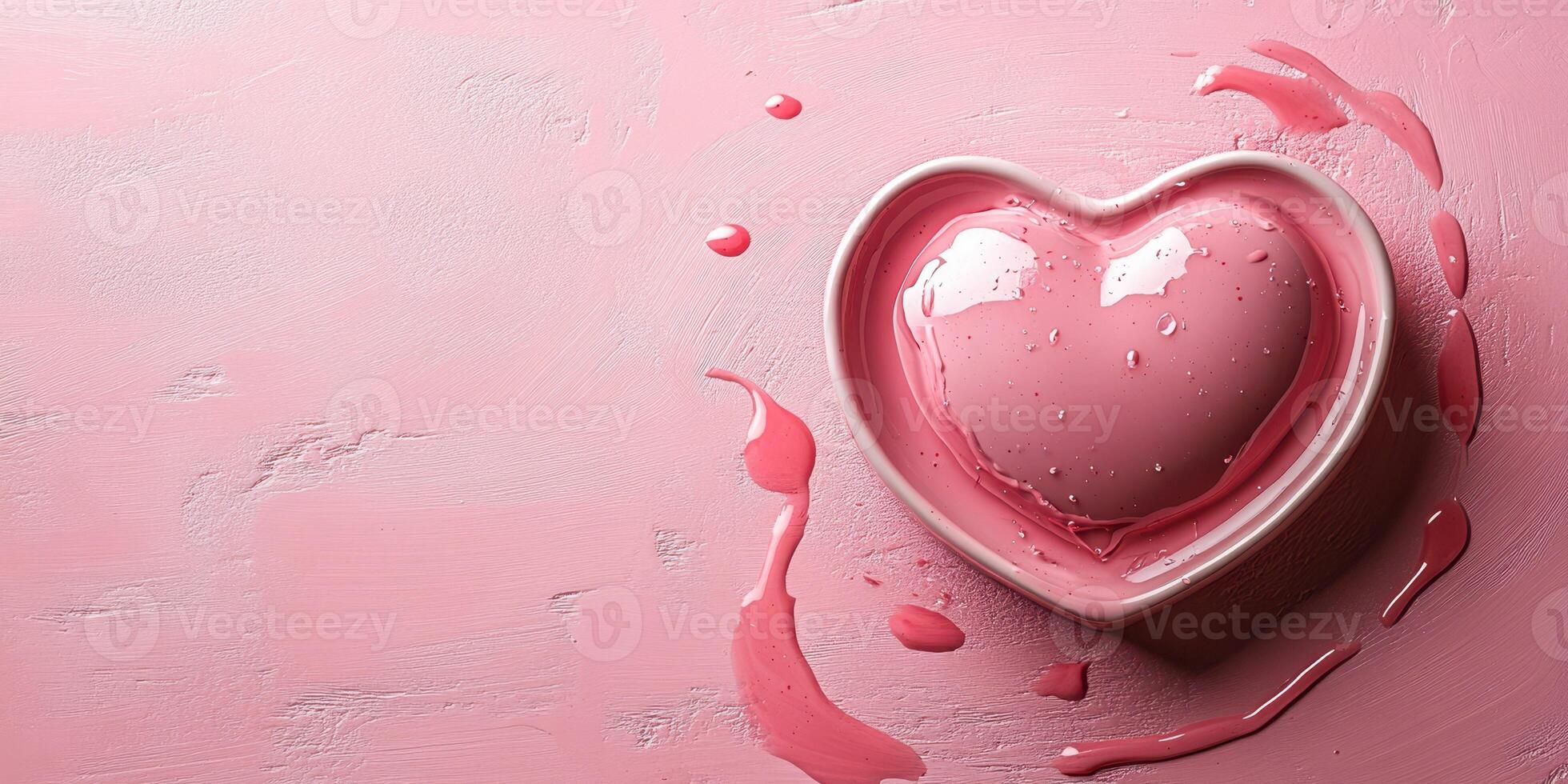 Heart-shaped dish with pink liquid on a soft pink background creates a romantic atmosphere for special occasions photo