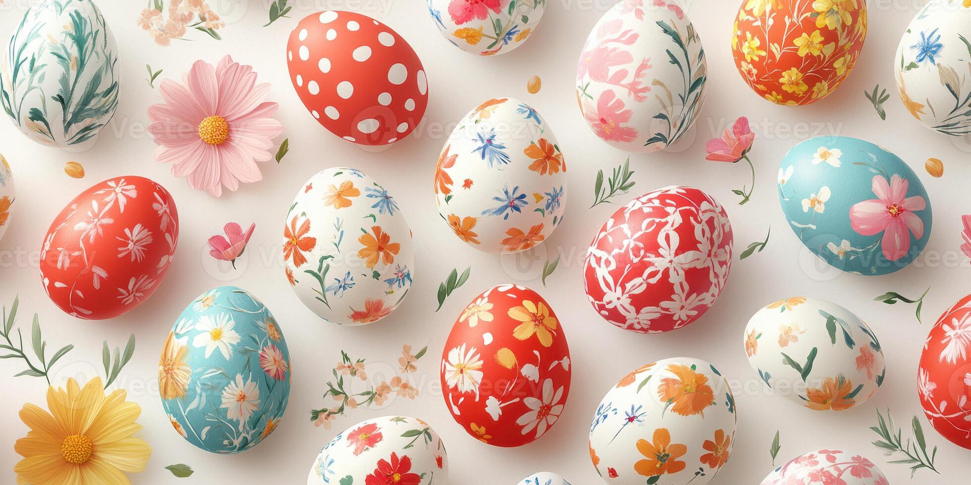 Colorful decorated eggs arranged with floral patterns in cheerful spring setting during Easter celebration photo