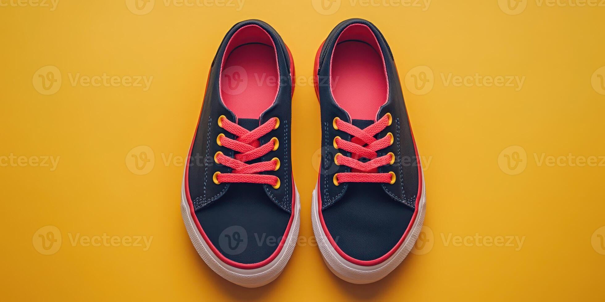 Colorful sneakers on a bright yellow background showcasing vibrant design and playful style for casual wear photo