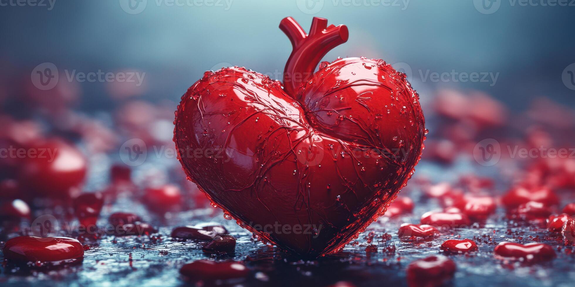 Heart-shaped sculpture surrounded by red liquid droplets creates a striking visual concept of love and passion photo