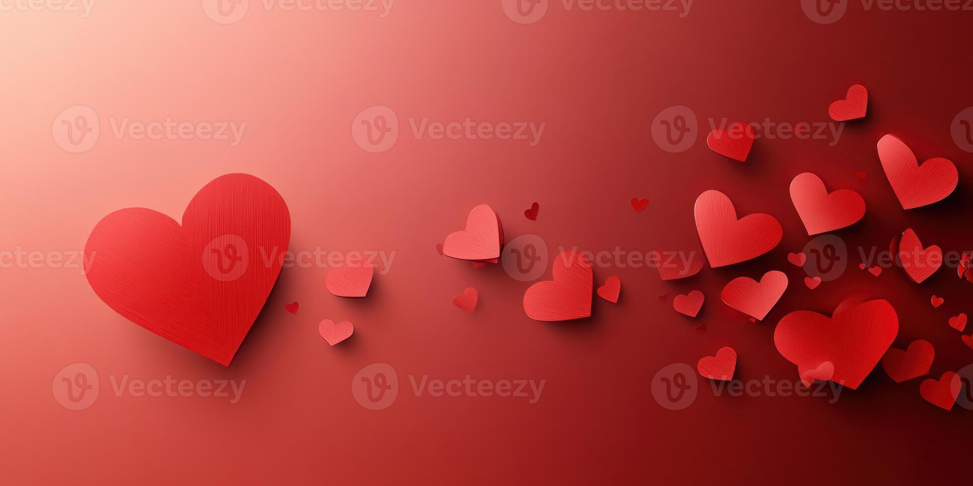 Heart-shaped decorations scattered across a gradient red background for a romantic celebration or event photo
