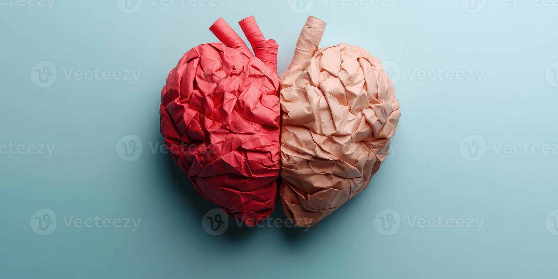 Creative representation of a heart and brain symbolizing emotion and intellect in vibrant colors photo