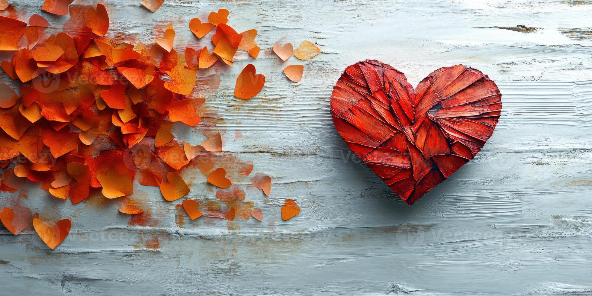 Colorful paper hearts arranged around a textured wooden heart on a light background for a romantic theme photo