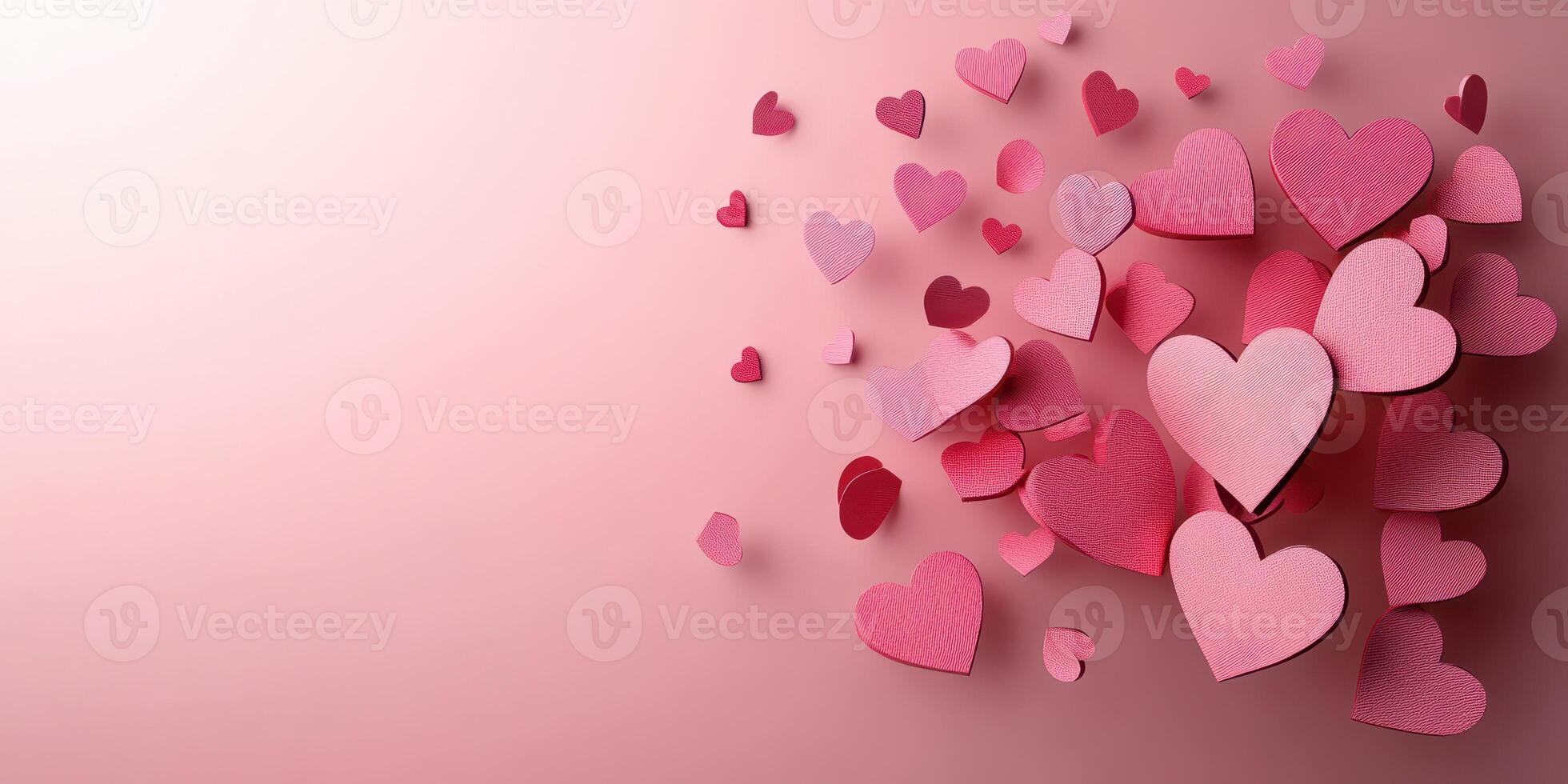 Colorful collection of paper hearts floating against a soft pink background during a cheerful celebration of love photo