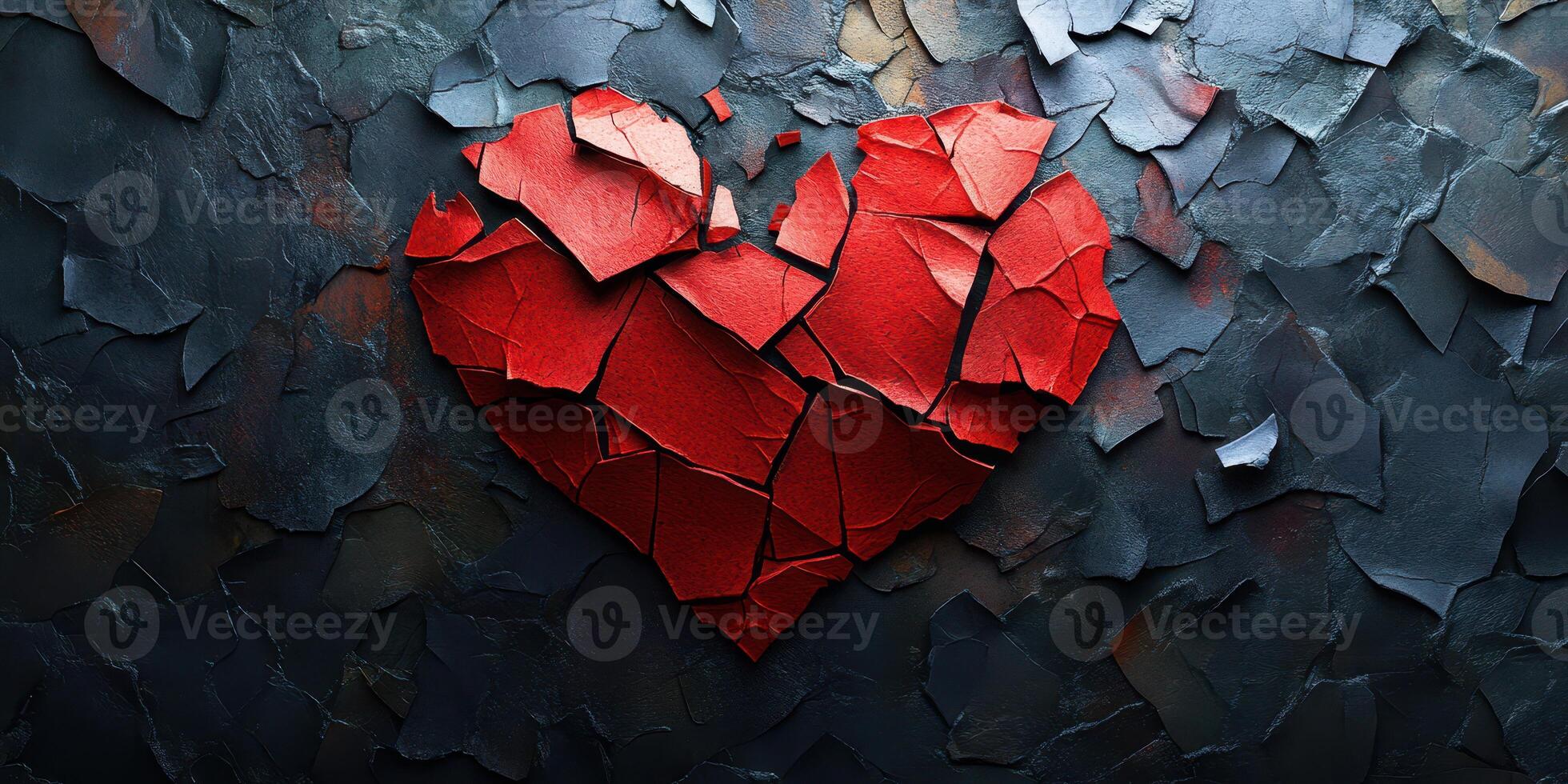 Cracked red heart against a dark textured background, symbolizing broken love and emotional struggle amidst an abstract setting photo