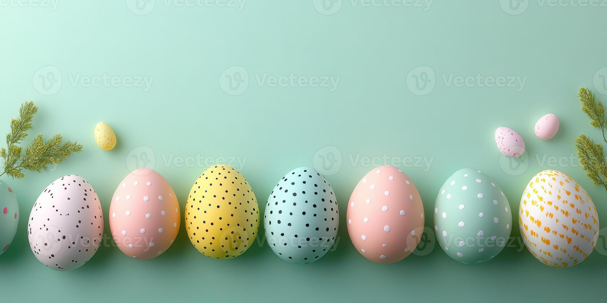 Colorful Easter eggs arranged on a pastel green background with decorative elements for spring celebrations photo