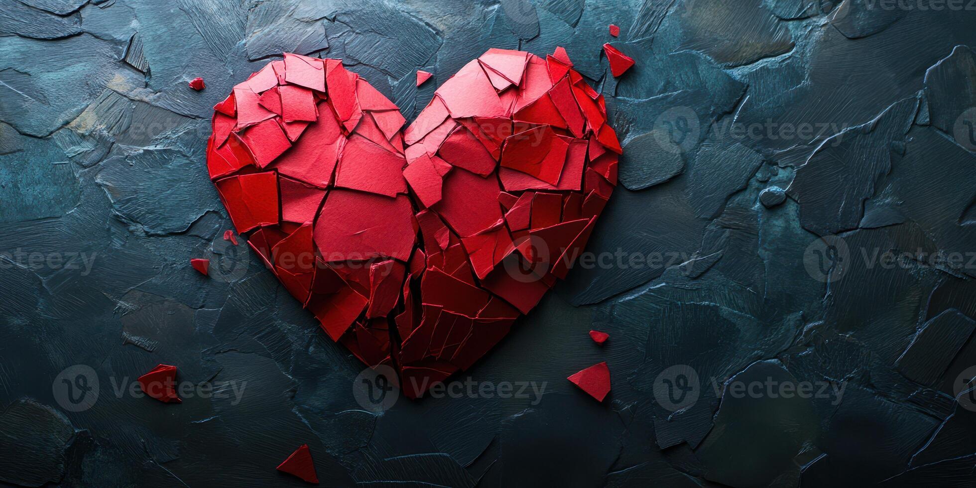 Artistic heart made of red broken pieces on a textured gray background symbolizes love and fragility in a creative display photo