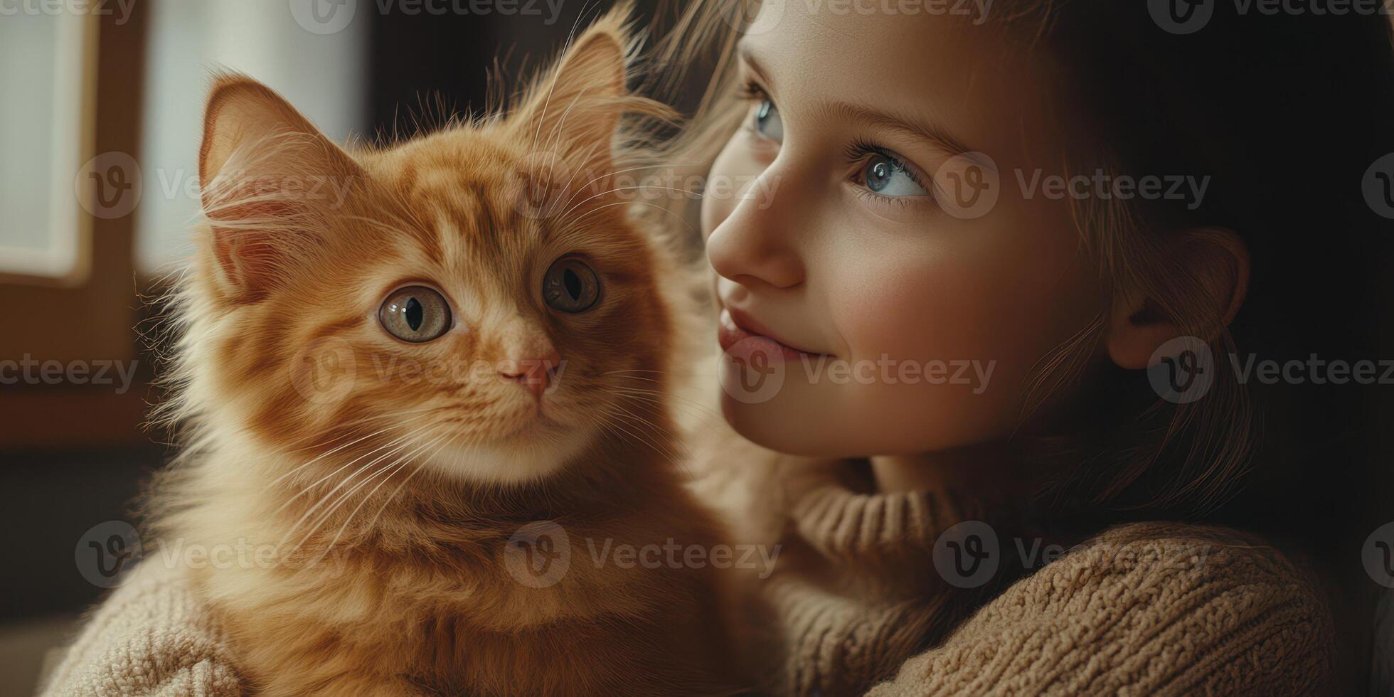 Girl joyfully holds a fluffy orange cat while gazing at it by a window in a cozy indoor setting photo