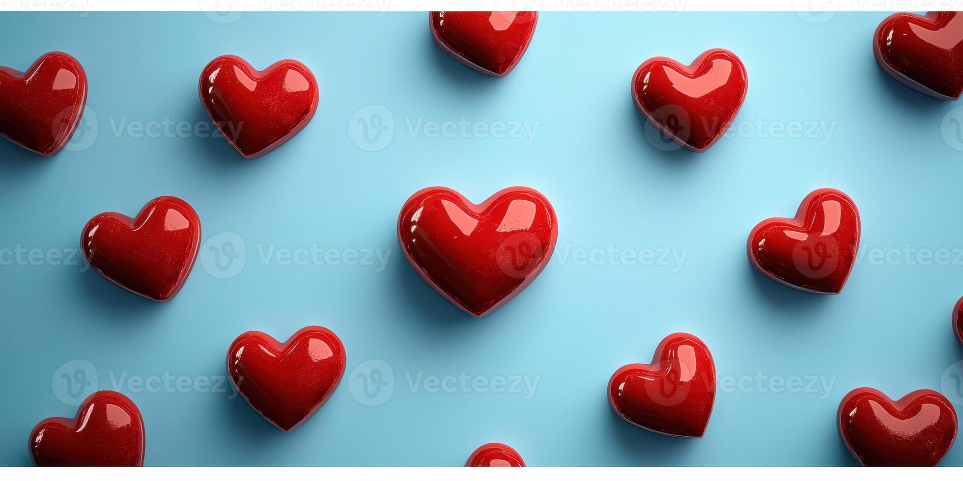 Bright red hearts scattered on a soft blue background create a cheerful and romantic atmosphere for celebrations or decorations photo