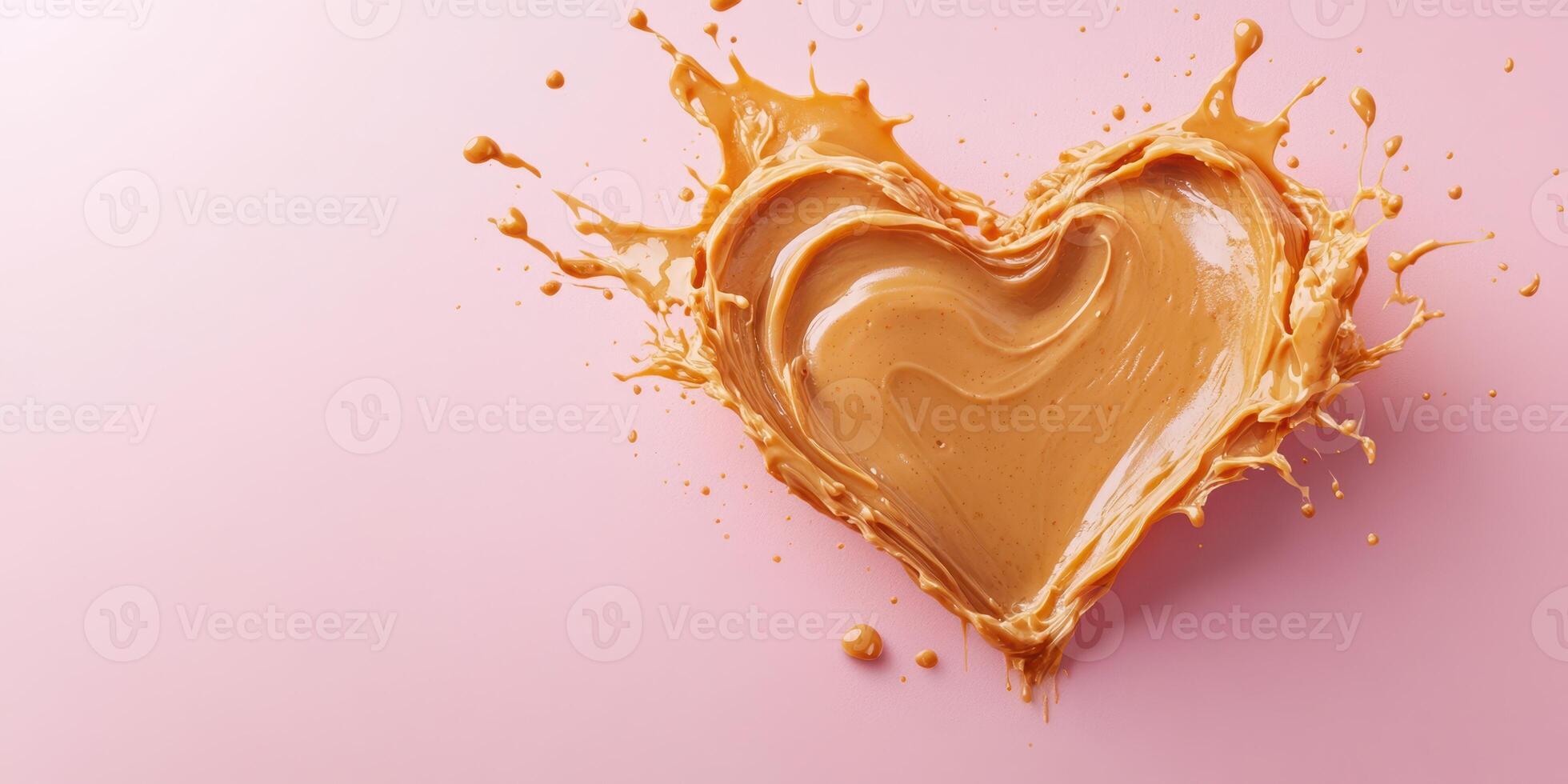 Heart-shaped splash of creamy peanut butter on a pastel pink background creates a playful and artistic expression of love photo