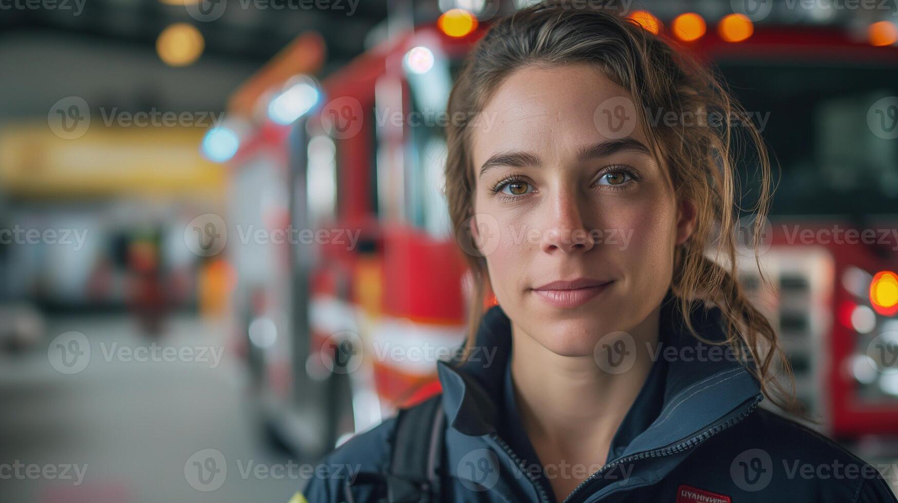 Confident female firefighter portrait with fire truck in background image. Firewoman fire fighter picture photorealistic photography. Emergency responder concept photo realistic