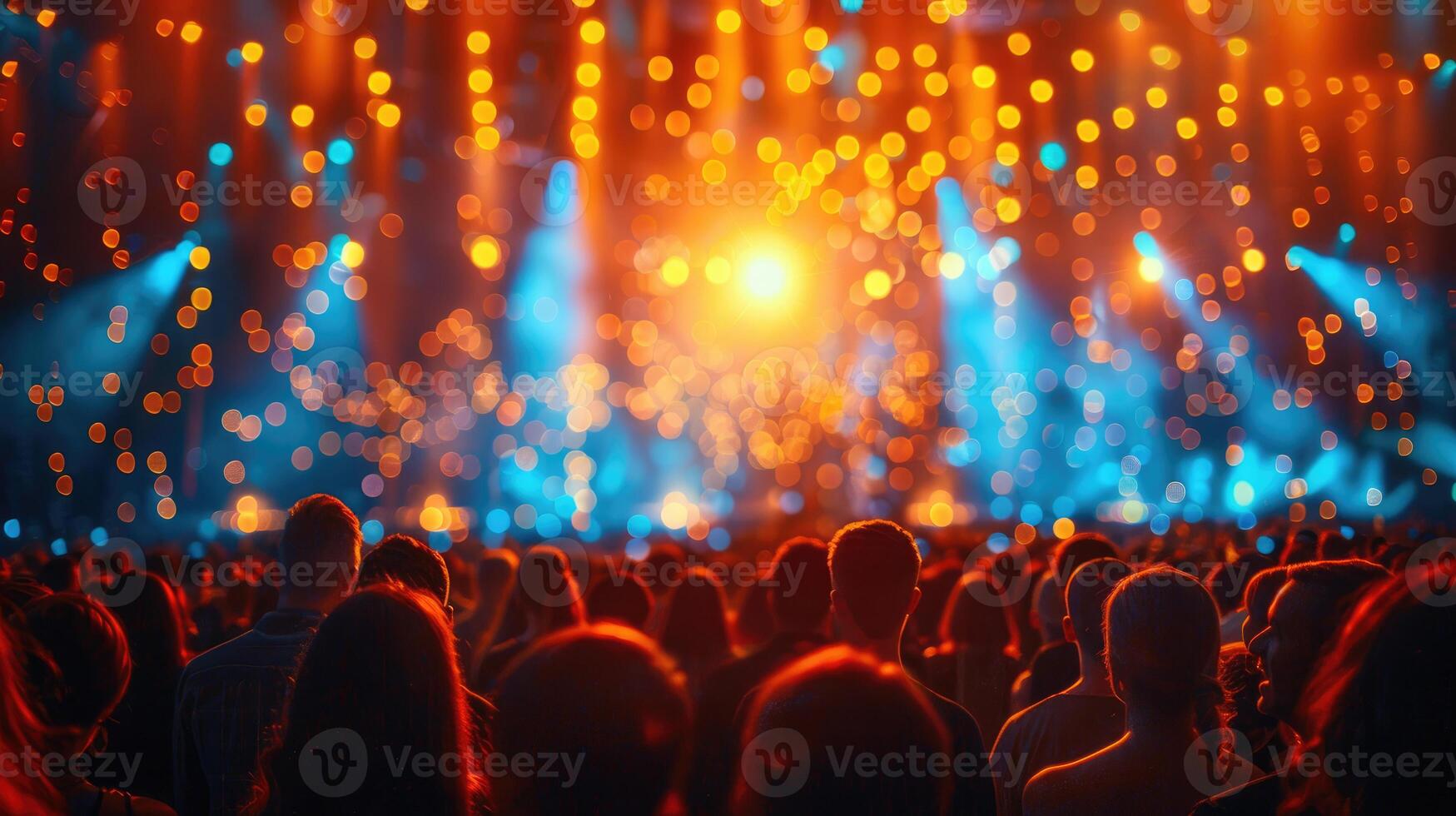 Dark people silhouettes at music concert image. Spectators watching light show photography scene realistic. Public event celebration in evening concept photorealistic photo