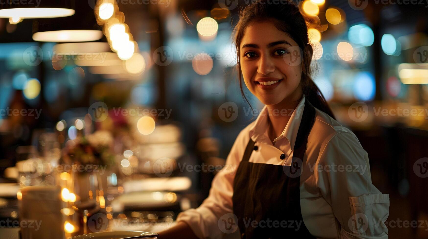 Indian waitress in dimly lit restaurant with warm lighting portrait image. Smiling staff hospitality picture photorealistic photography. Fine dining occupation concept photo realistic
