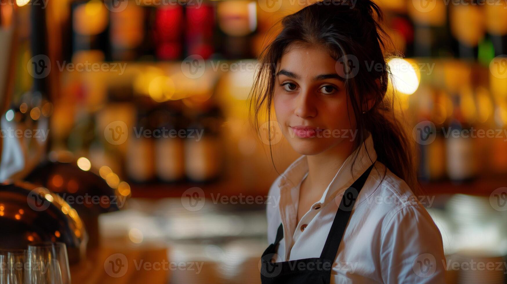Young female bartender in black apron behind warmly lit bar portrait image. Bottles glasses barwoman picture photorealistic photography. Coffeeshop occupation concept photo realistic