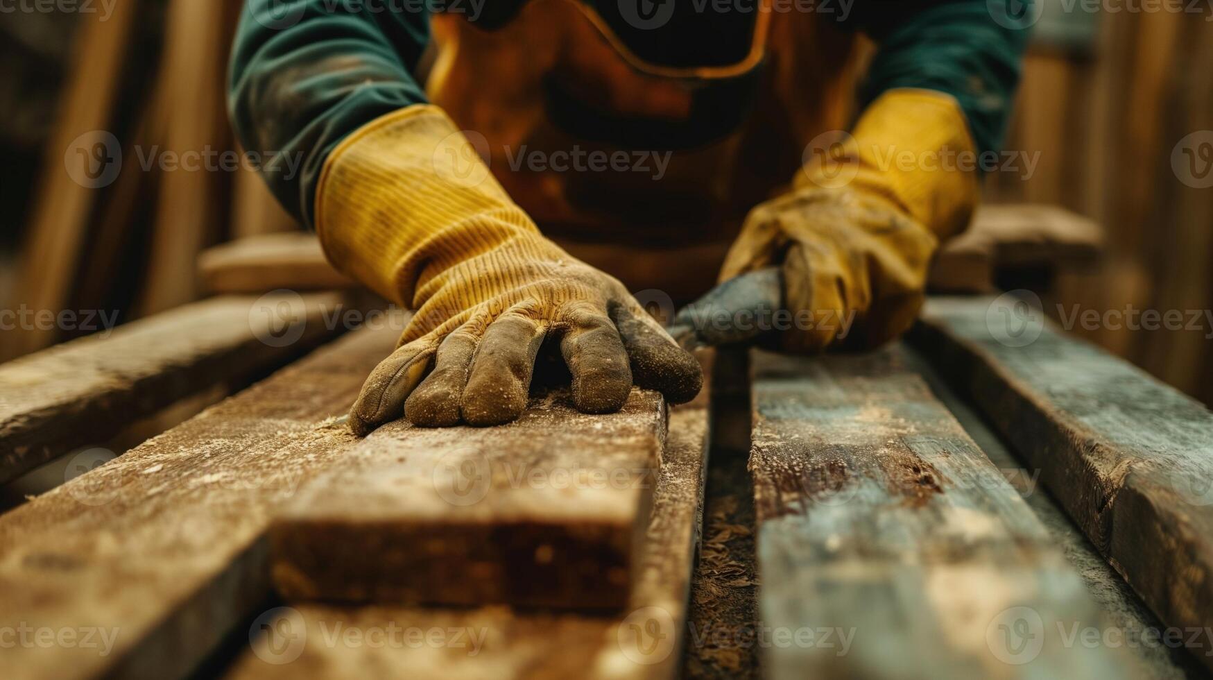 Carpenter working on wooden planks with precision closeup image. Gloved hands sanding woodworking building materials close up photography. Woodcraft workshop concept photo realistic