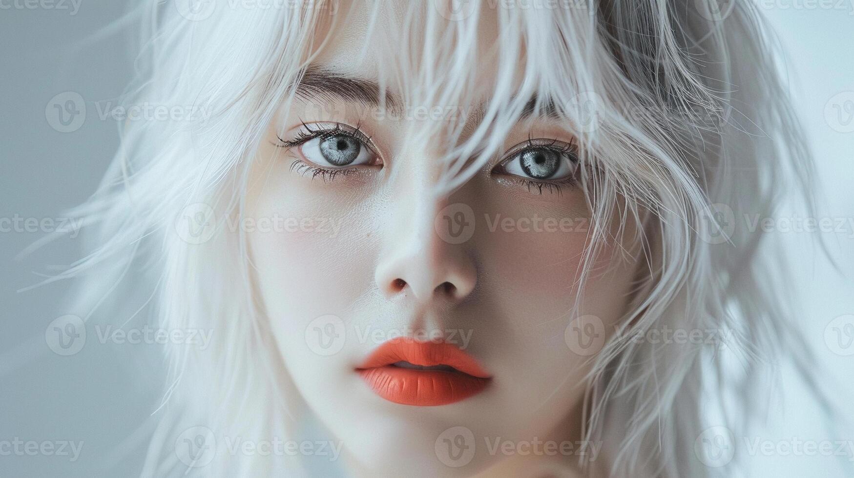 Asian woman with white hair, blue eyes and bold orange lips portrait image. Contemporary ethereal female picture photorealistic photography. Fashion model concept photo realistic