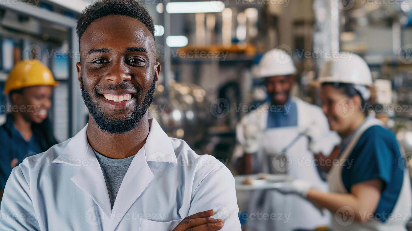 Smiling engineer in white coat with team portrait image. Team members in hard hats, manufacturing facility picture photorealistic. Skilled laborers occupation concept photo realistic