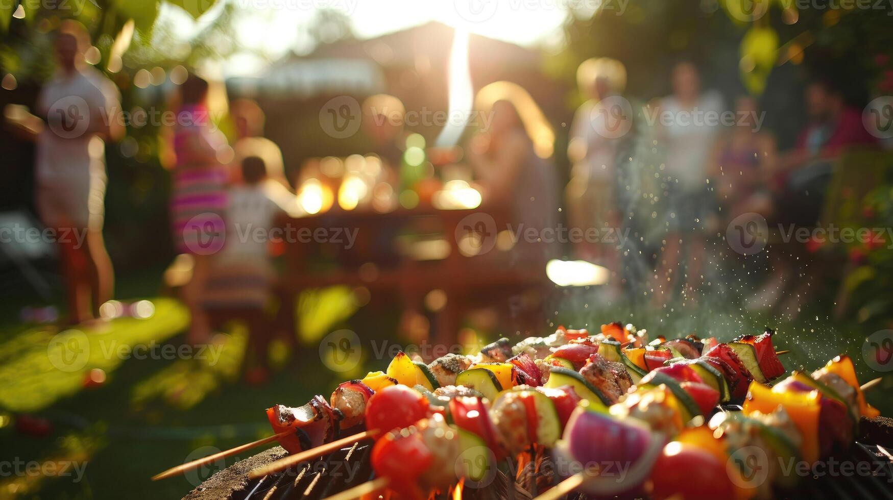 Grilling tasty food at barbeque party closeup image. Summer holiday with healthy meal preparation close up photography. Skewered meat and vegetables concept photo realistic