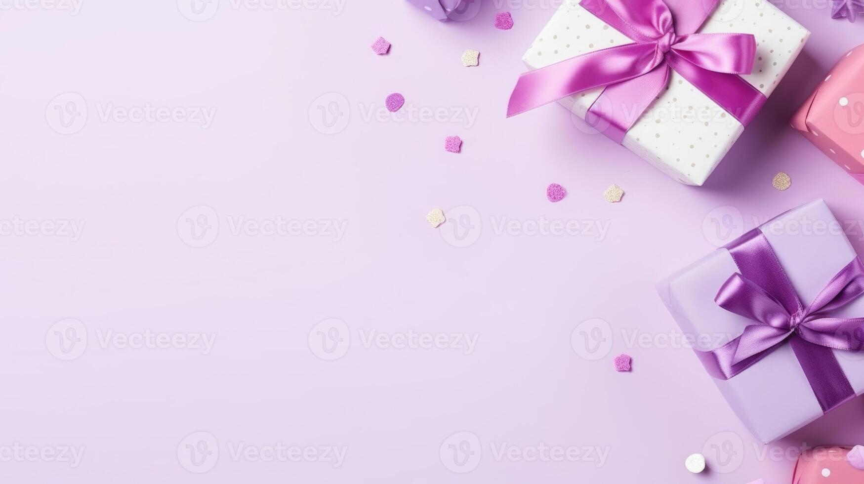 Present boxes and confetti on pink background banner background copy space. Festive ornament image backdrop empty. Holiday greeting card concept composition top view, copyspace photo