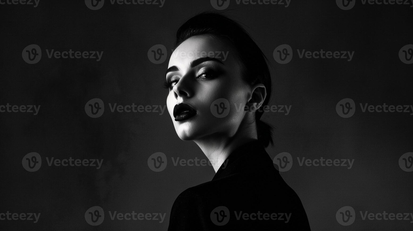 Dramatic monochrome portrait of woman with bold makeup and piercing gaze image. Mysterious strong female black and white picture photorealistic. Fashion model concept photo