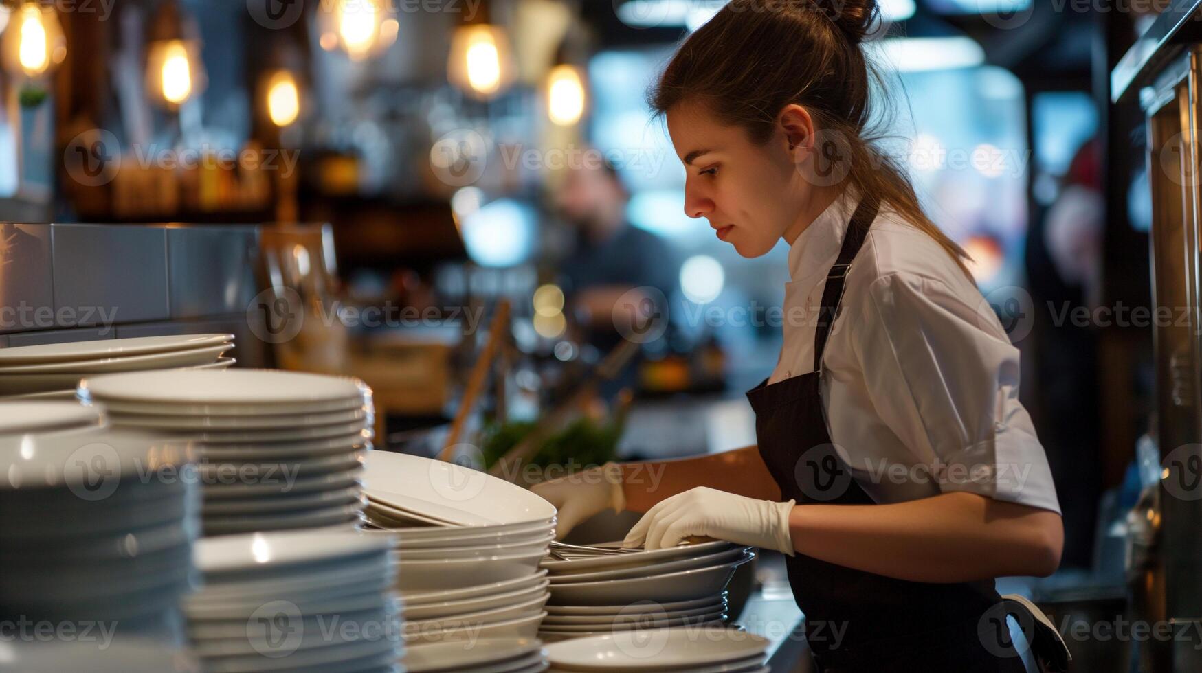 Focused waitress in apron organizing plates in restaurant portrait image. Kitchen staff working picture photorealistic photography. Fine dining occupation concept photo realistic