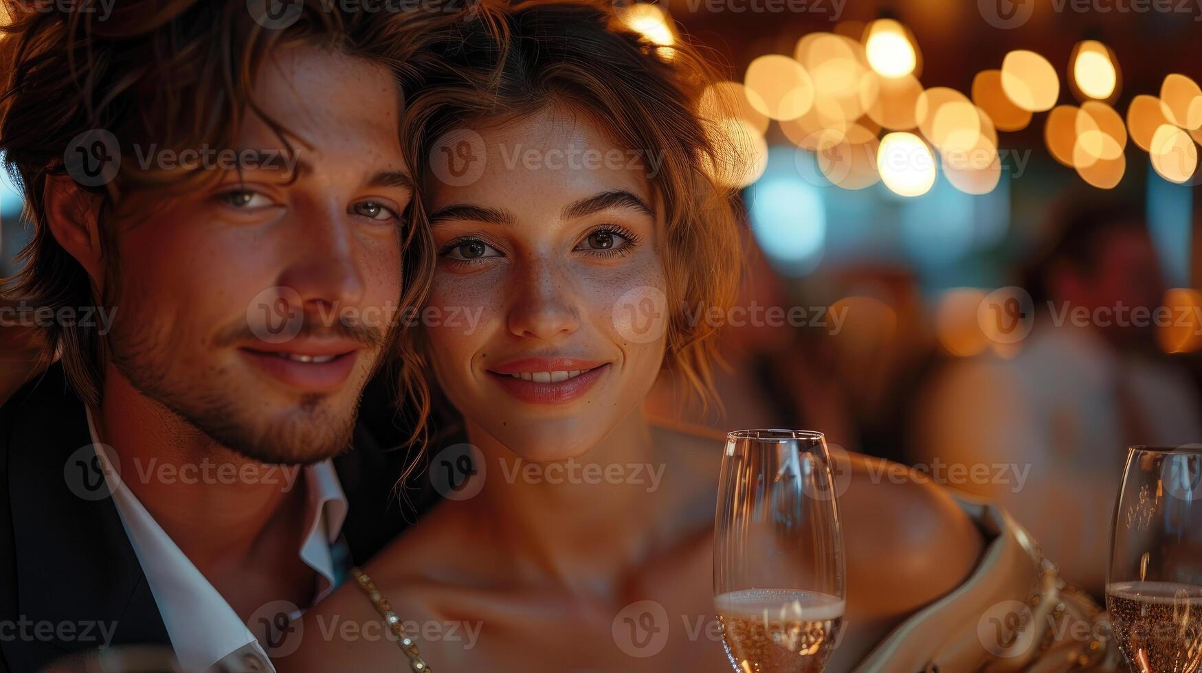 Beautiful couple with champagne at date portrait image. Caucasian man and woman in romantic restaurant picture photorealistic photography. Relationship concept photo realistic