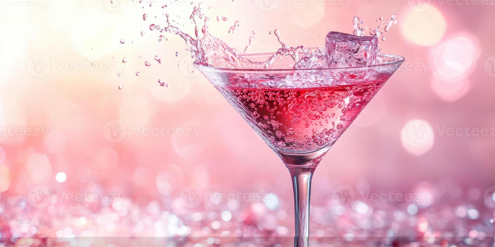 Refreshing cocktail splashes in a glass with ice and vibrant background during a summer evening photo