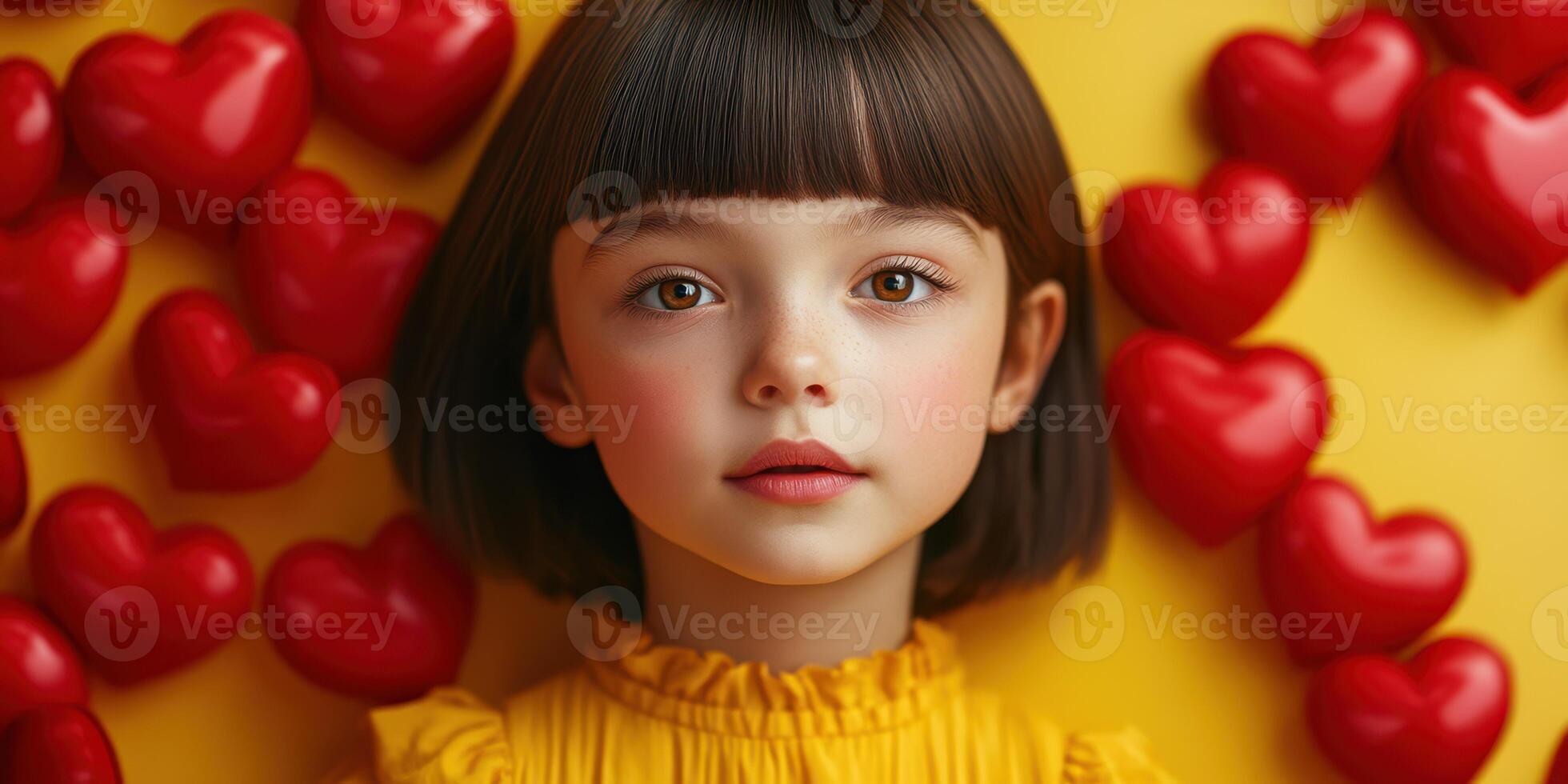Young girl with a charming expression surrounded by red hearts on a bright yellow background photo