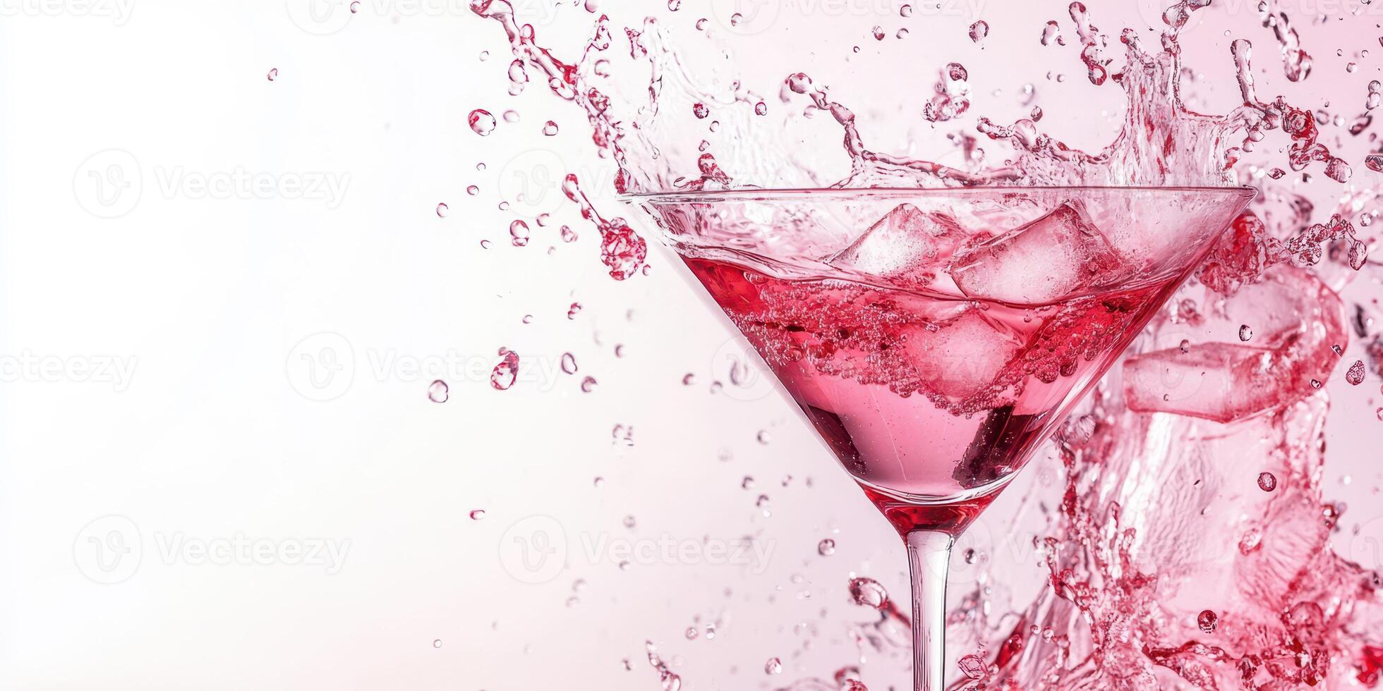 Refreshing pink cocktail splashes in a martini glass with ice cubes in bright light setting photo