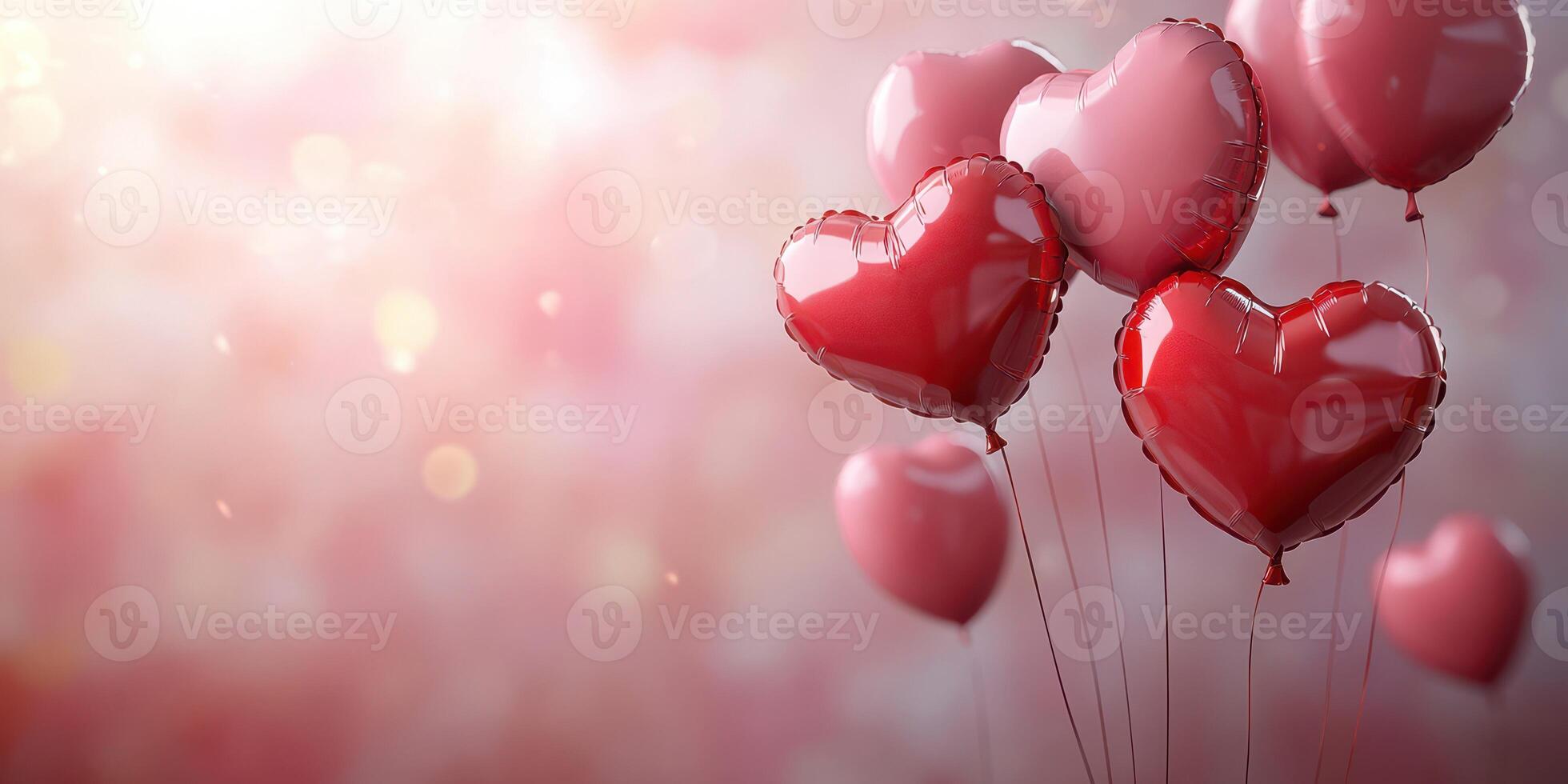 Heart-shaped balloons float gently in a soft pink background creating a romantic atmosphere for celebrations photo