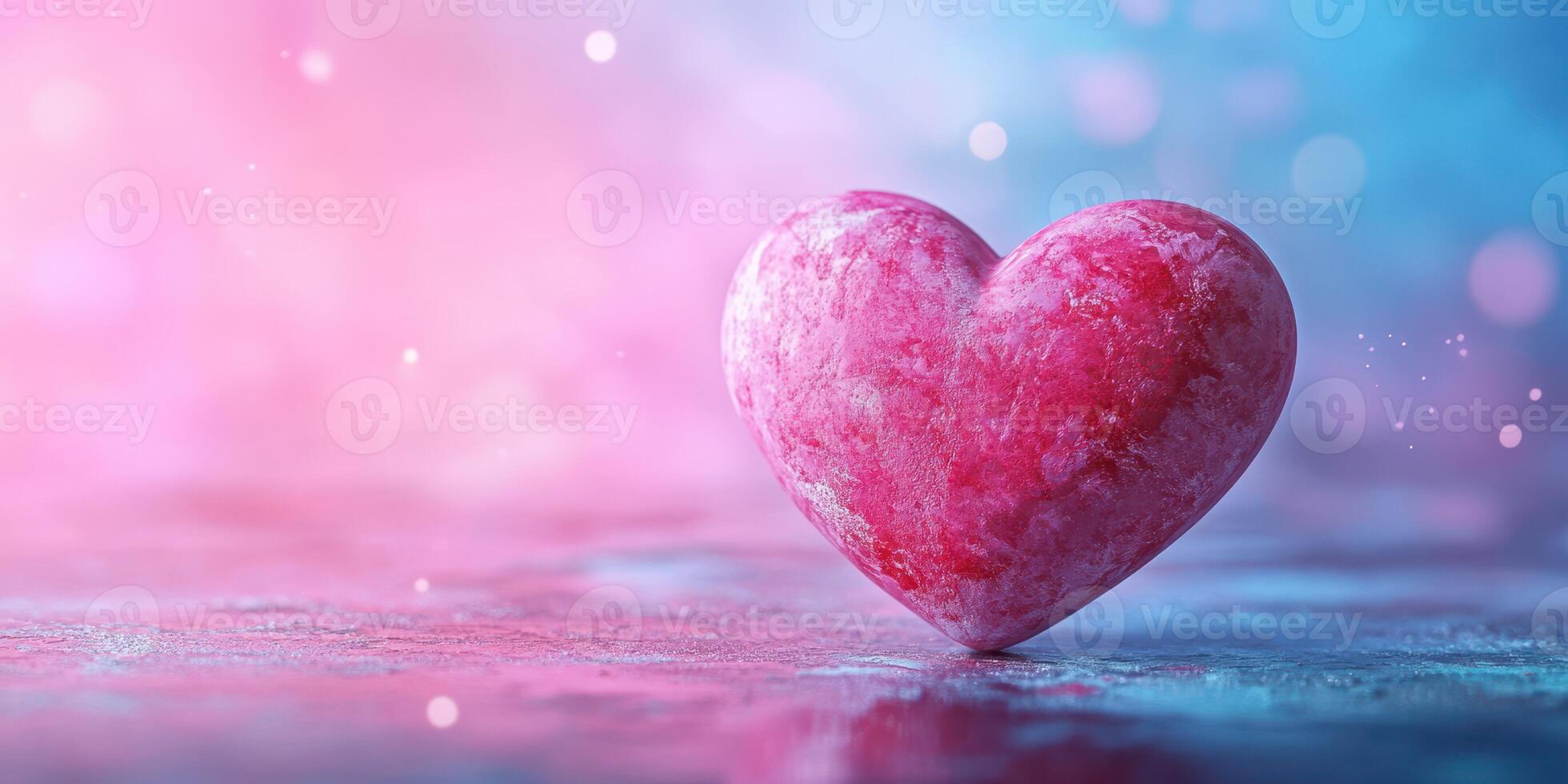 Heart sculpture with a textured surface glowing in pink and blue ambient light during a calm evening photo