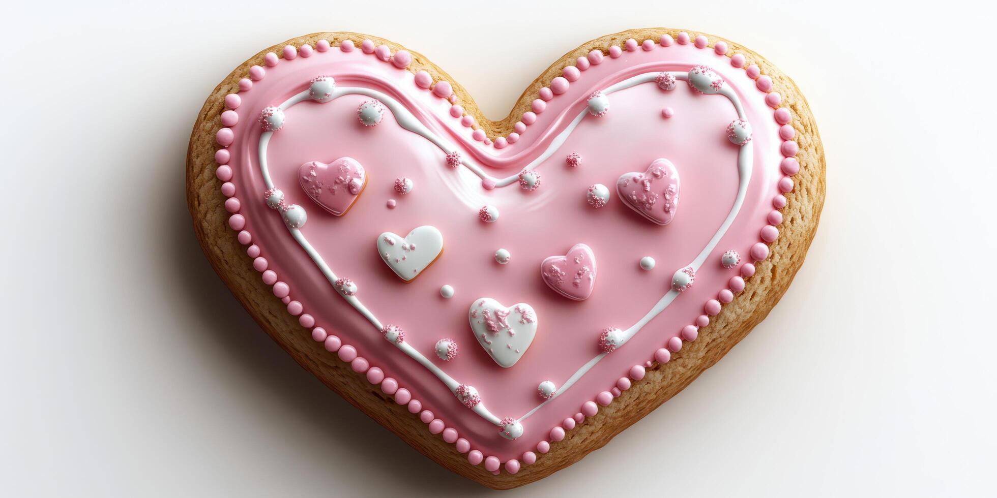 Decorative heart-shaped cookie with pink icing and small embellishments created for a special occasion photo
