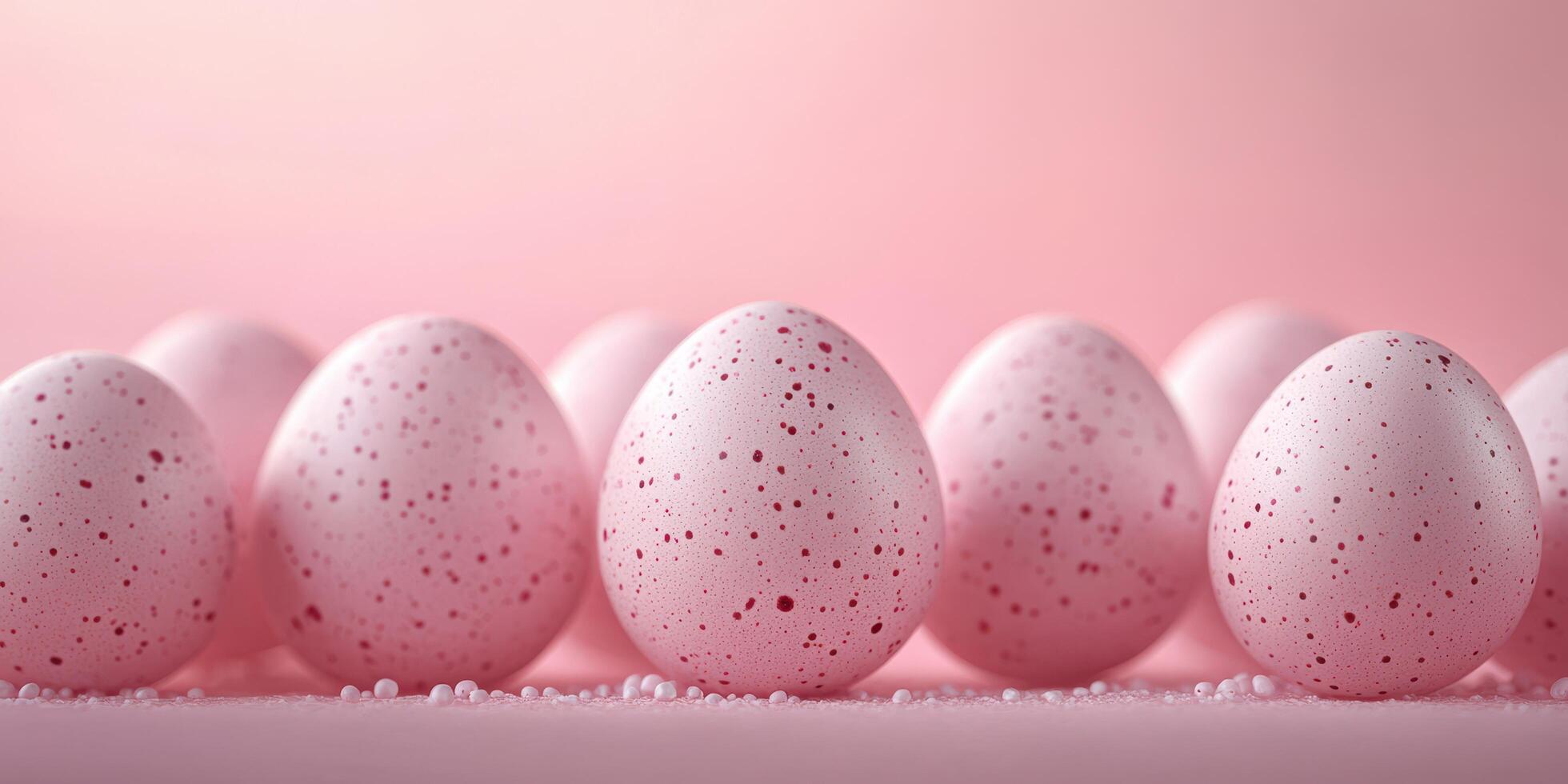 Colorful speckled eggs arranged in a row on soft pink background with sugar crystals scattered around photo