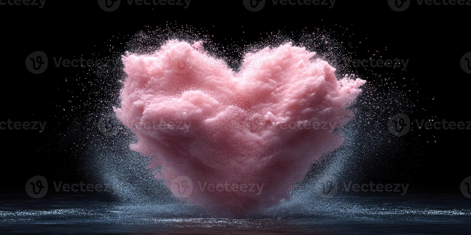 Heart shape created from pink mist and water droplets against a dark background in an artistic display of love and emotion photo