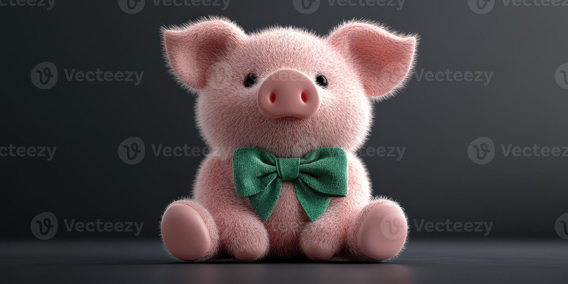 Cute plush piglet wearing a green bow tie sits against a dark background in a playful pose, appealing to both children and adults alike photo