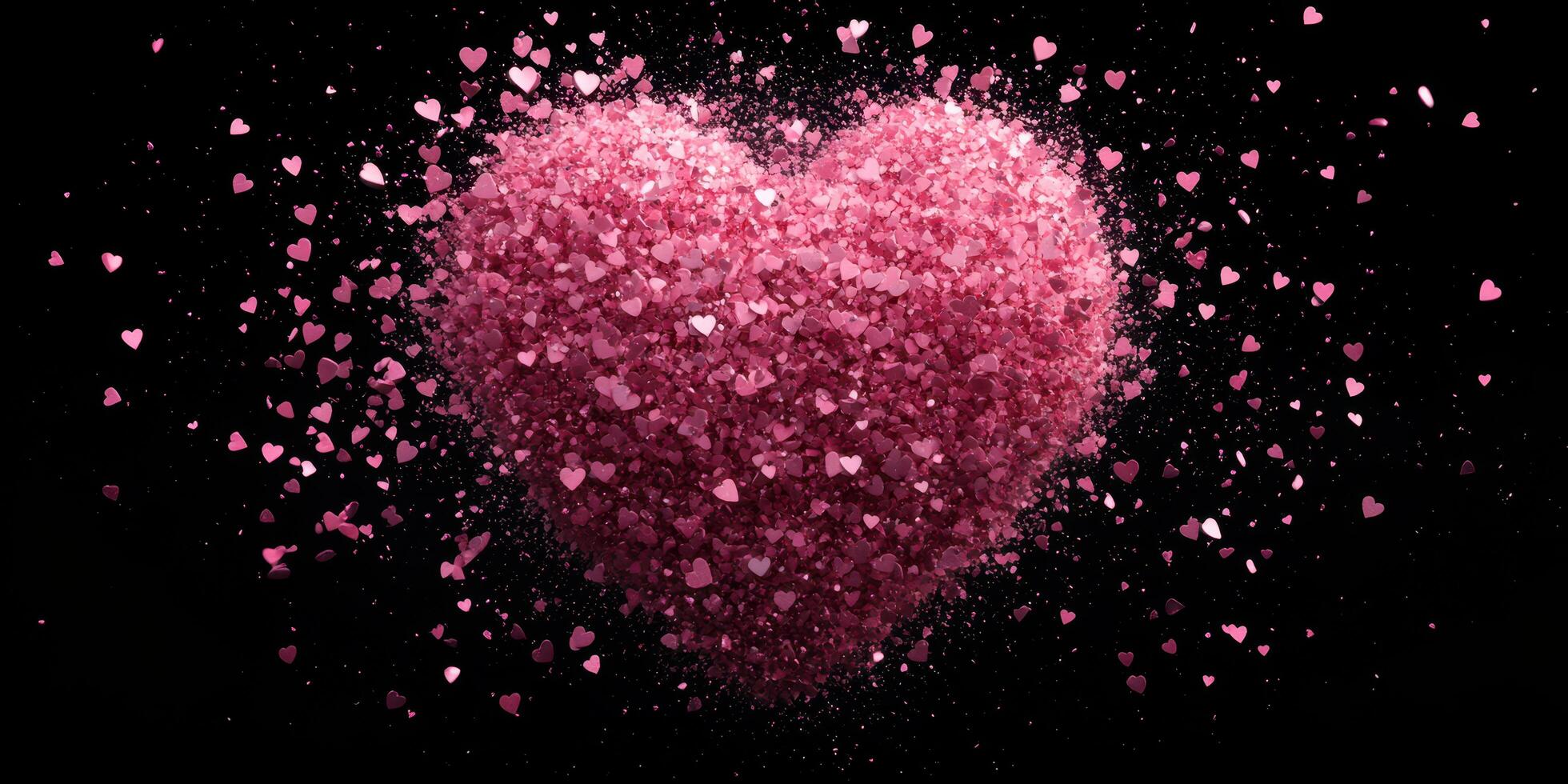 Colorful heart made of sparkling pink glitter on black background for celebrations and events photo