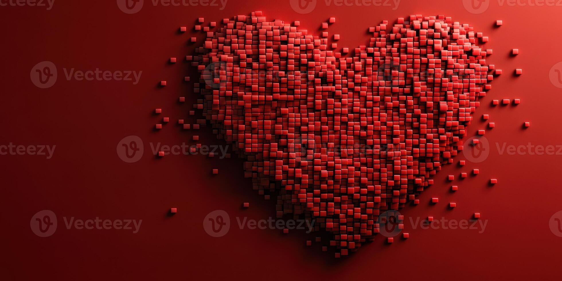 Heart made of red cubes symbolizes love and affection on a vibrant red background photo