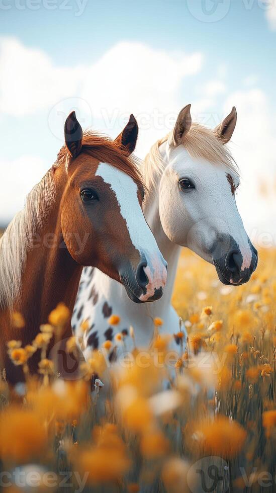 Two horses standing closely together in a vibrant flower field during a sunny day photo